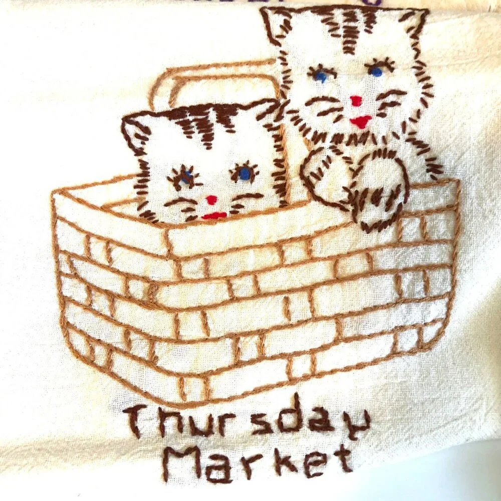 7 Vint 1970 Hand Embroidered Dish Tea Towels Kitten Cats Chores 7 Days Of Week